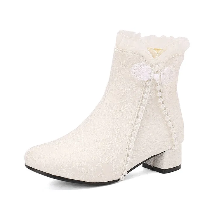 Women's Embroider Pearls Bows Round Toe Block Heel Ankle Boots