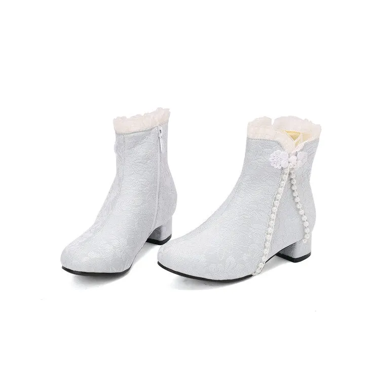 Women's Embroider Pearls Bows Round Toe Block Heel Ankle Boots