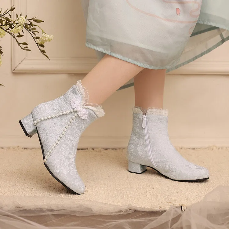 Women's Embroider Pearls Bows Round Toe Block Heel Ankle Boots