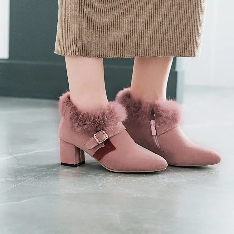 Women's Flock Pointed Toe Buckle Straps Floppy Block Chunky Heel Short Boots