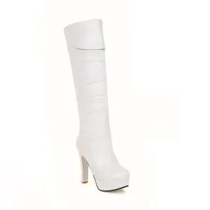 Women's Folded Block Chunky Heel Platform Knee High Boots