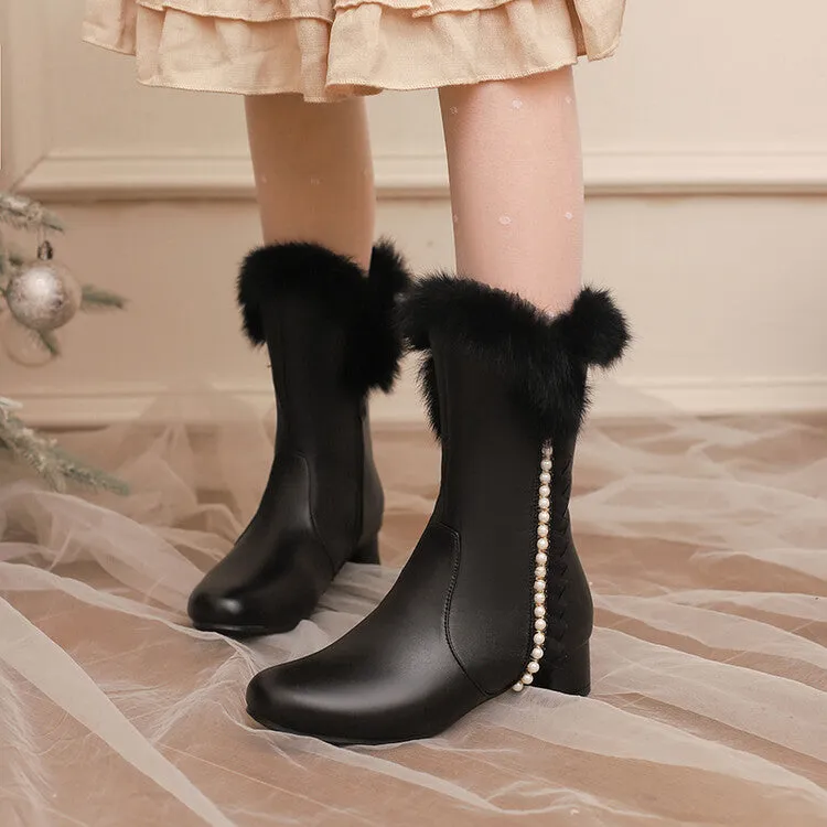 Women's Lace Beads Round Toe Square Heel Mid Calf Boots