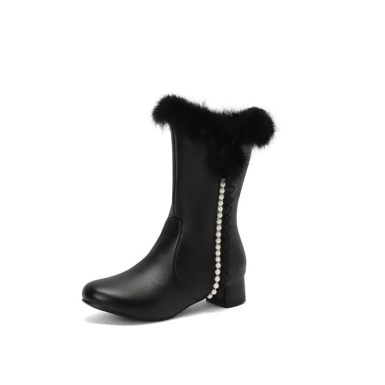 Women's Lace Beads Round Toe Square Heel Mid Calf Boots