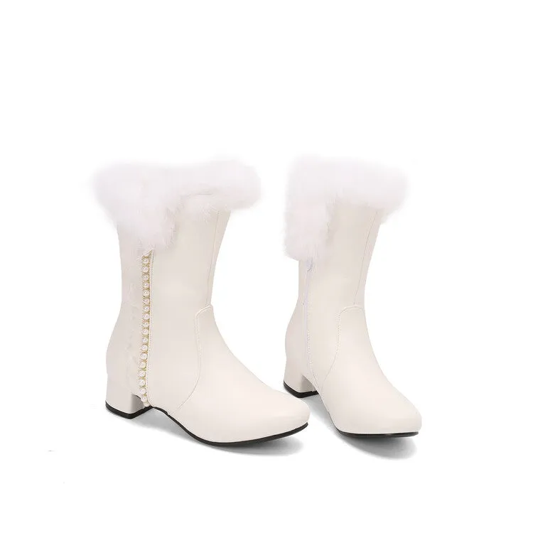 Women's Lace Beads Round Toe Square Heel Mid Calf Boots