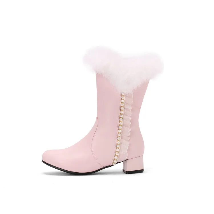 Women's Lace Beads Round Toe Square Heel Mid Calf Boots