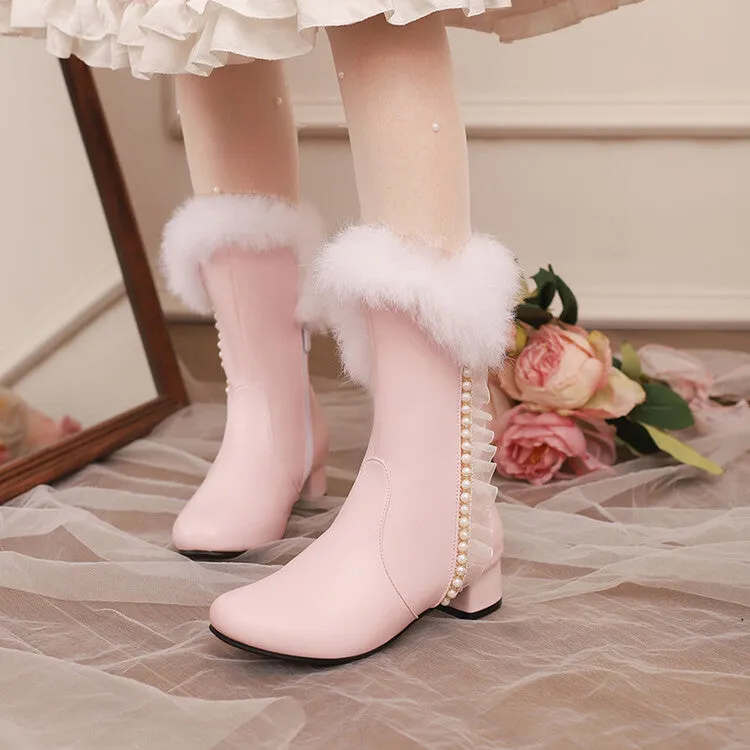 Women's Lace Beads Round Toe Square Heel Mid Calf Boots