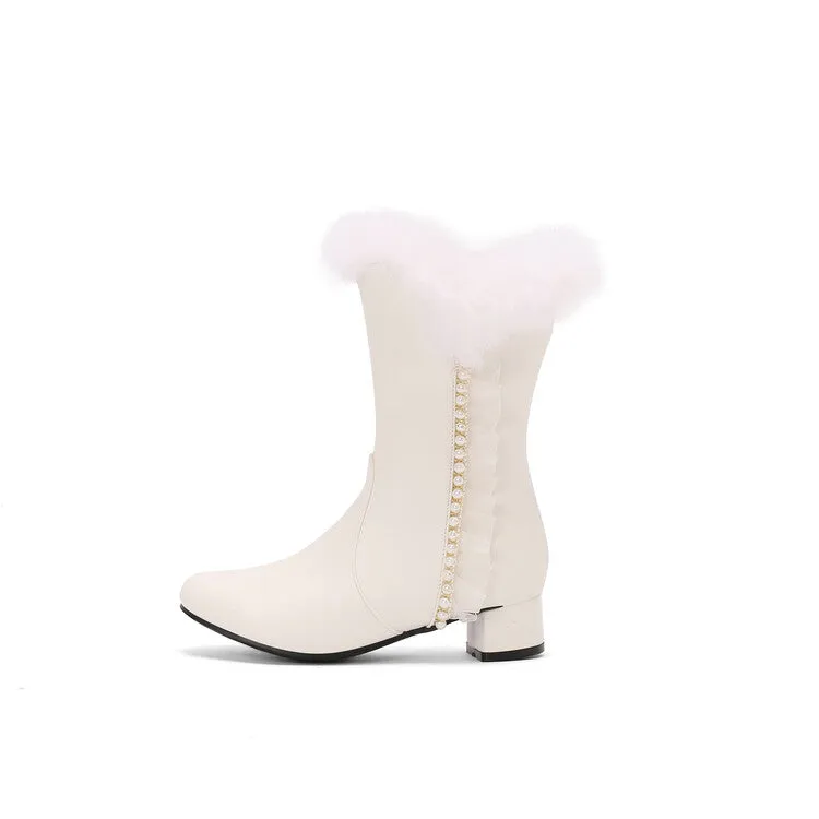 Women's Lace Beads Round Toe Square Heel Mid Calf Boots