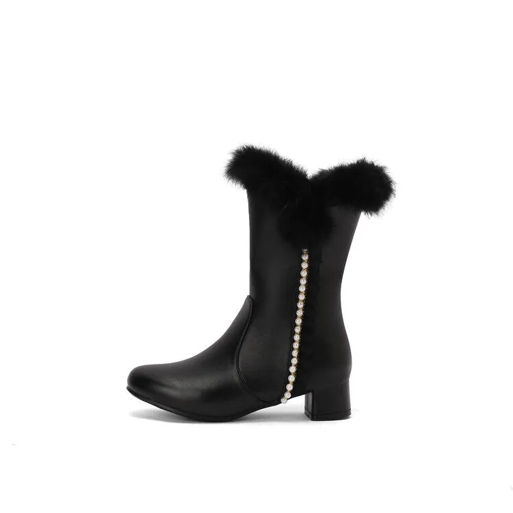 Women's Lace Beads Round Toe Square Heel Mid Calf Boots