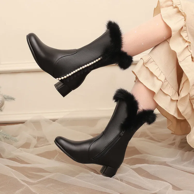 Women's Lace Beads Round Toe Square Heel Mid Calf Boots