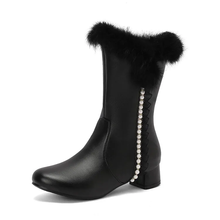 Women's Lace Beads Round Toe Square Heel Mid Calf Boots