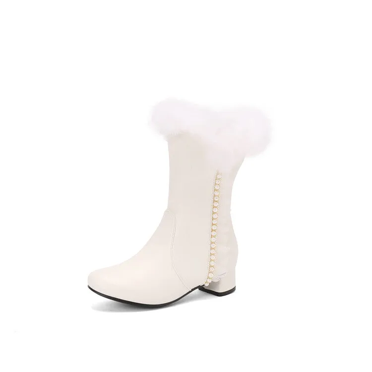 Women's Lace Beads Round Toe Square Heel Mid Calf Boots