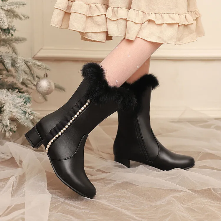 Women's Lace Beads Round Toe Square Heel Mid Calf Boots
