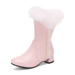 Women's Lace Beads Round Toe Square Heel Mid Calf Boots