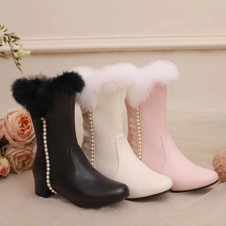Women's Lace Beads Round Toe Square Heel Mid Calf Boots