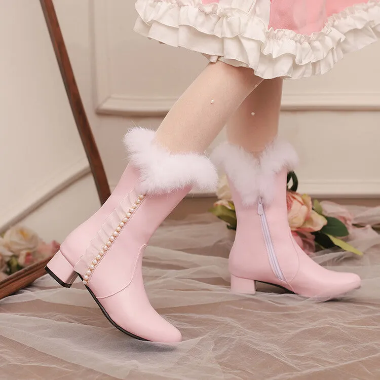 Women's Lace Beads Round Toe Square Heel Mid Calf Boots