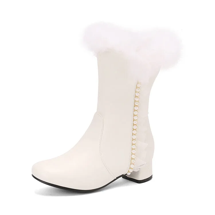 Women's Lace Beads Round Toe Square Heel Mid Calf Boots
