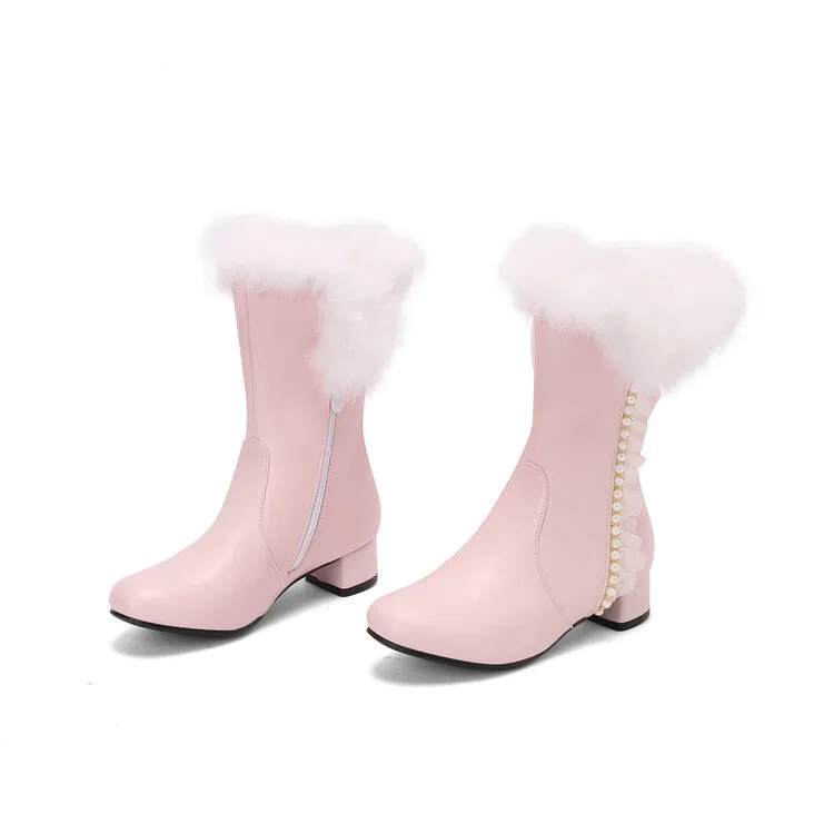 Women's Lace Beads Round Toe Square Heel Mid Calf Boots