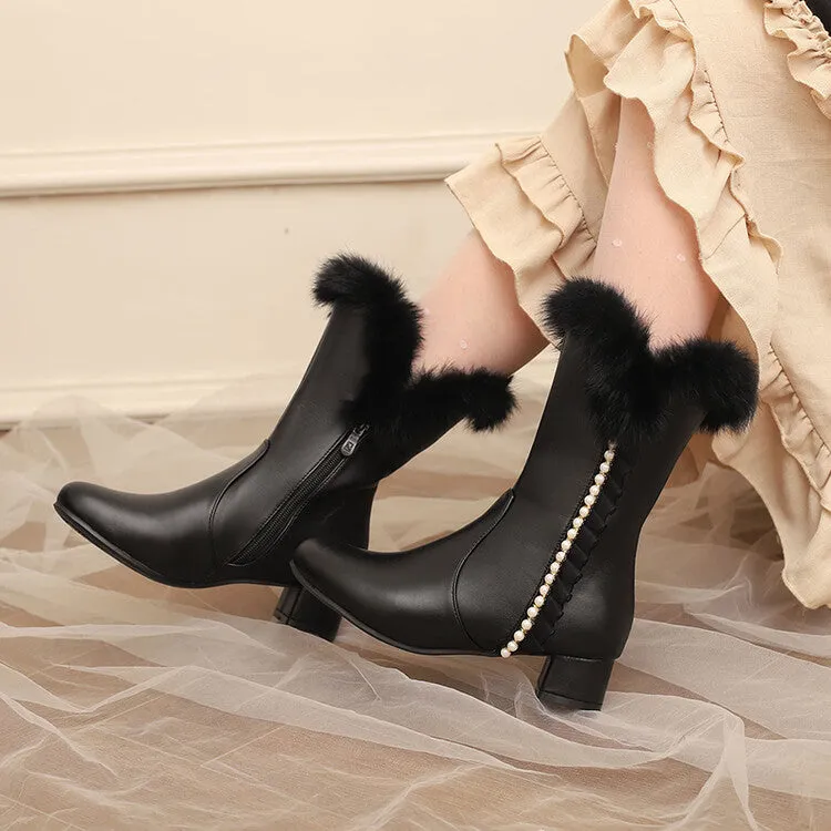 Women's Lace Beads Round Toe Square Heel Mid Calf Boots