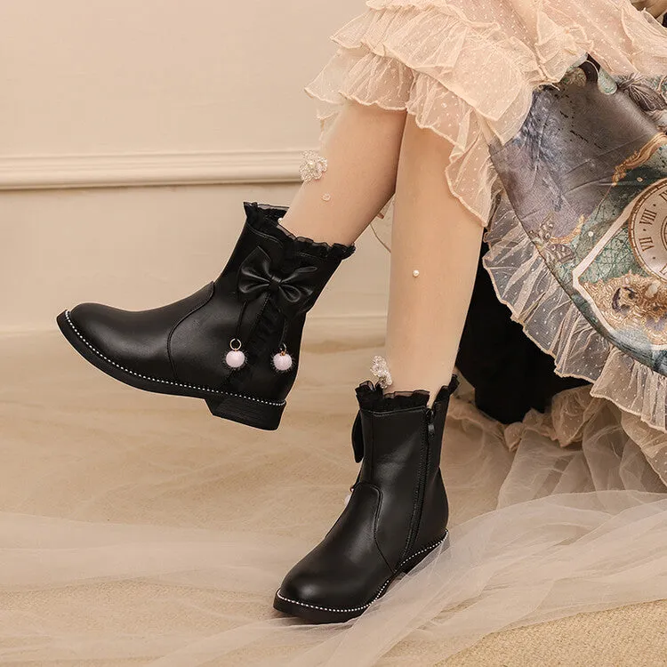 Women's Lace Bows Round Toe Flat Short Boots