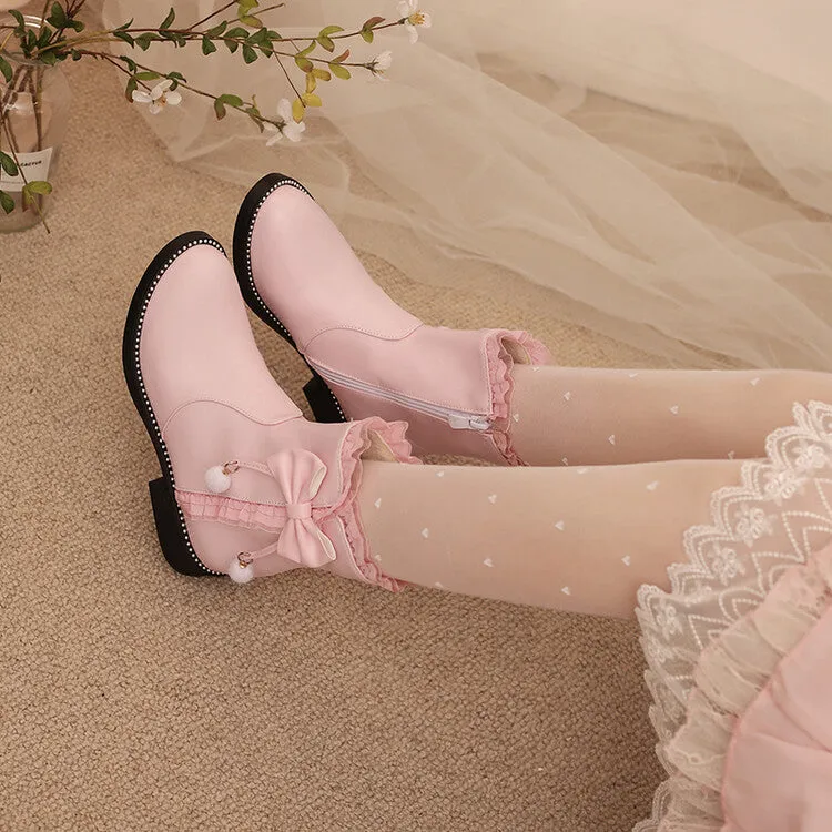 Women's Lace Bows Round Toe Flat Short Boots