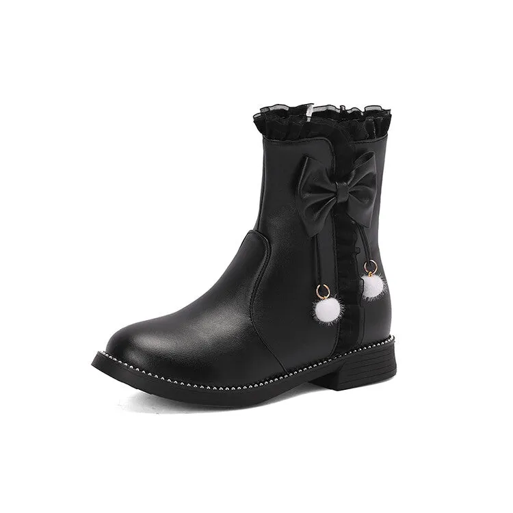 Women's Lace Bows Round Toe Flat Short Boots