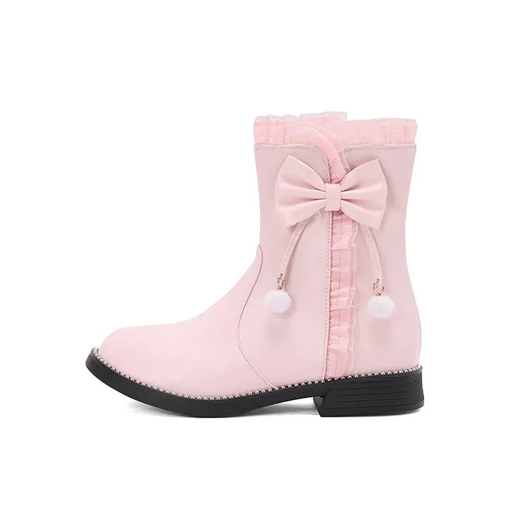 Women's Lace Bows Round Toe Flat Short Boots