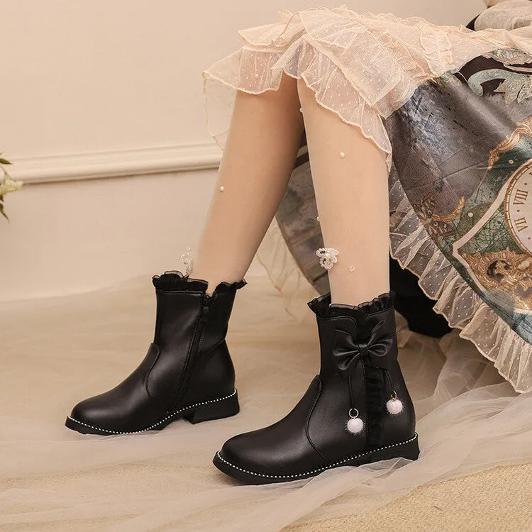 Women's Lace Bows Round Toe Flat Short Boots