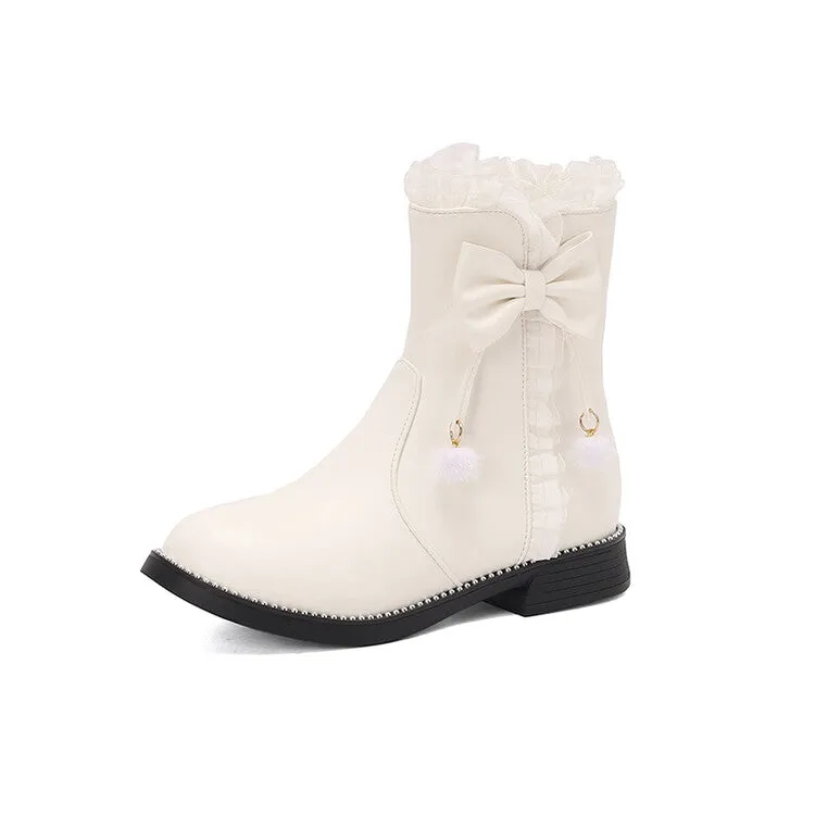 Women's Lace Bows Round Toe Flat Short Boots