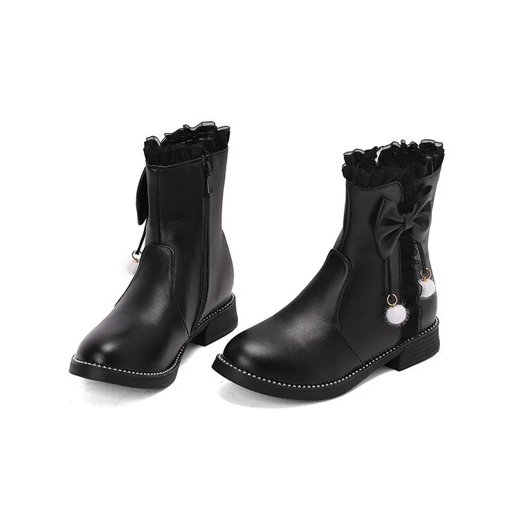 Women's Lace Bows Round Toe Flat Short Boots