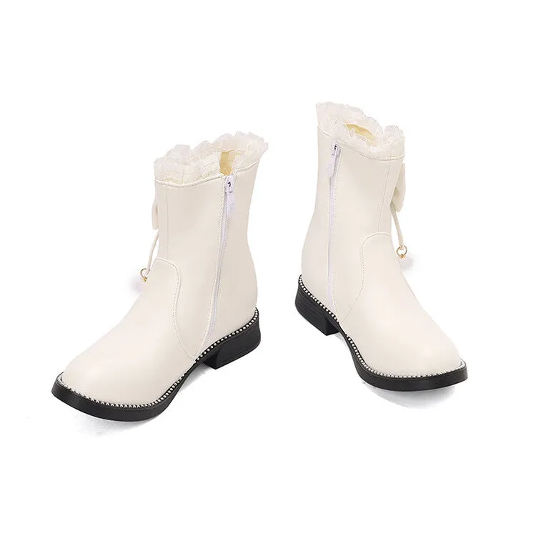 Women's Lace Bows Round Toe Flat Short Boots