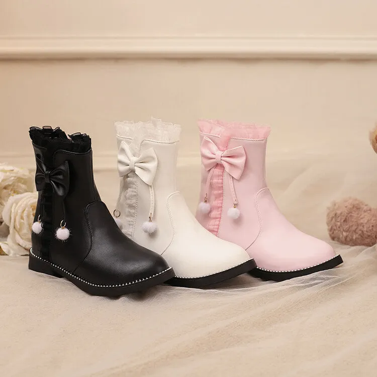 Women's Lace Bows Round Toe Flat Short Boots