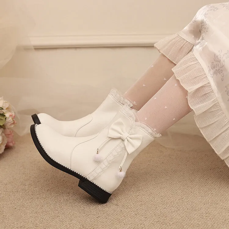 Women's Lace Bows Round Toe Flat Short Boots