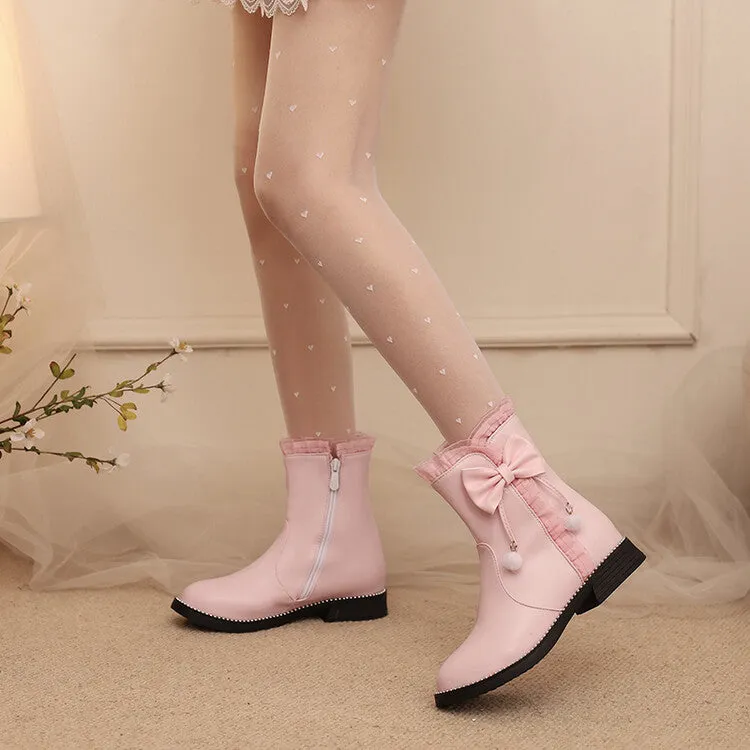 Women's Lace Bows Round Toe Flat Short Boots