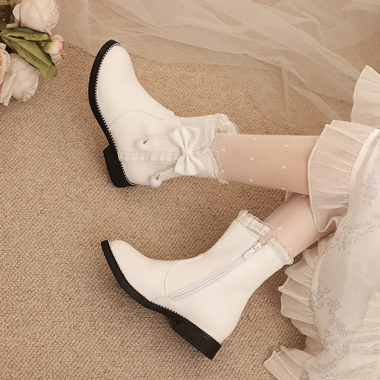 Women's Lace Bows Round Toe Flat Short Boots