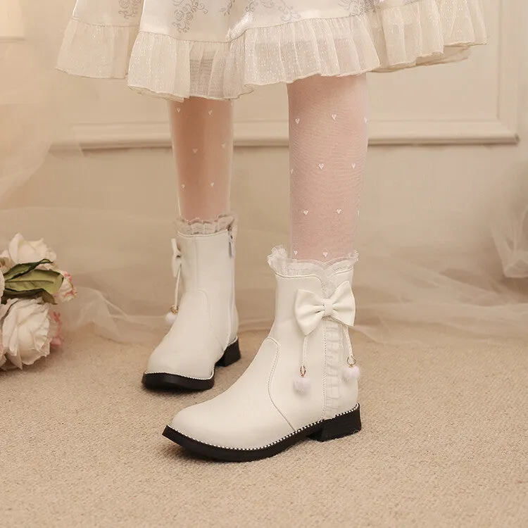 Women's Lace Bows Round Toe Flat Short Boots