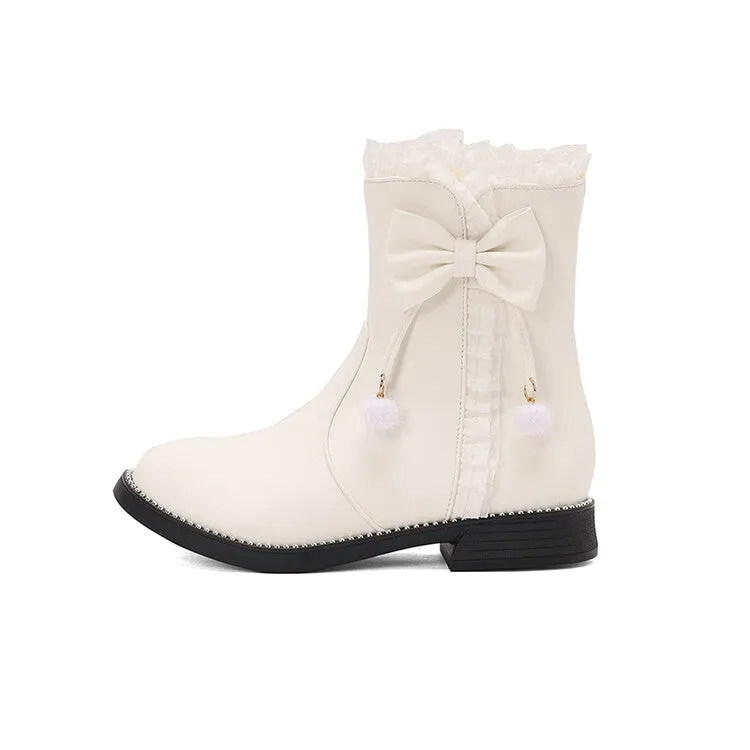 Women's Lace Bows Round Toe Flat Short Boots