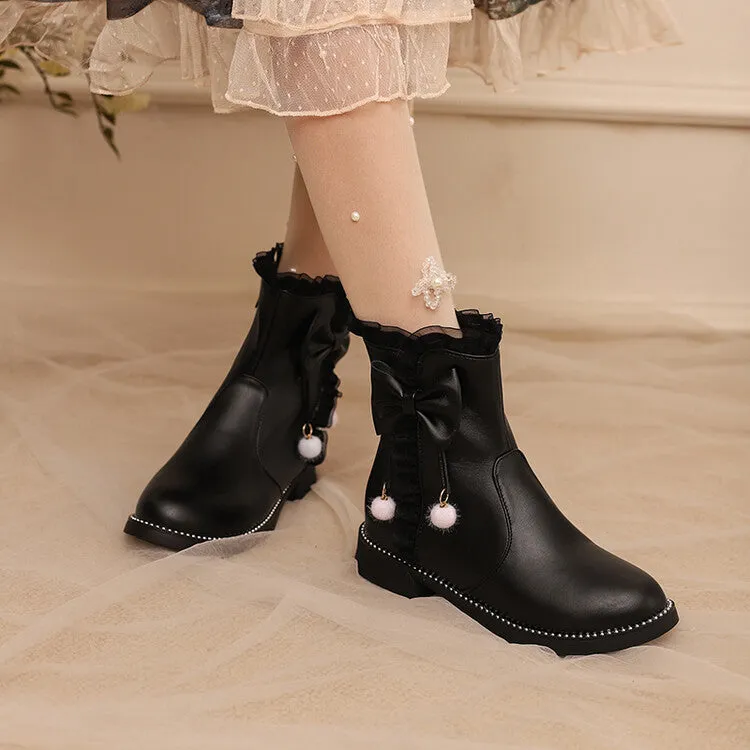 Women's Lace Bows Round Toe Flat Short Boots