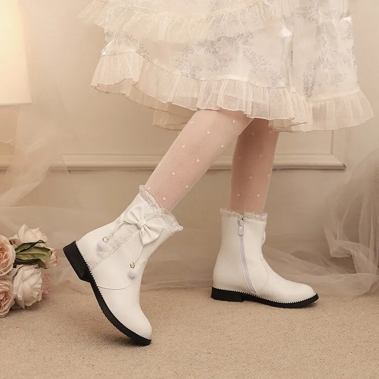 Women's Lace Bows Round Toe Flat Short Boots