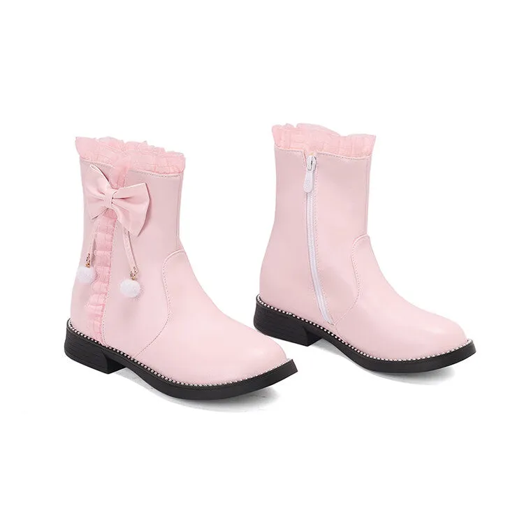 Women's Lace Bows Round Toe Flat Short Boots