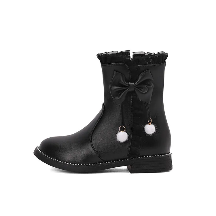Women's Lace Bows Round Toe Flat Short Boots