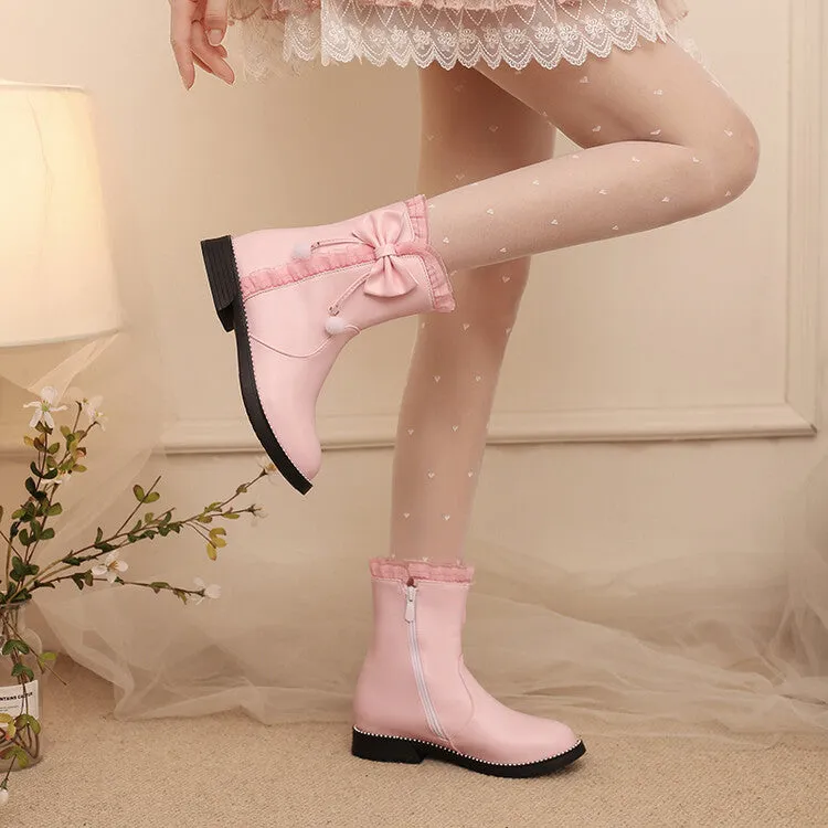 Women's Lace Bows Round Toe Flat Short Boots