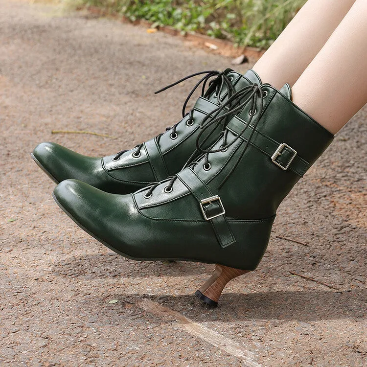 Women's Lace-up Buckle Belt Round Toe Hoof Heel Ankle Boots