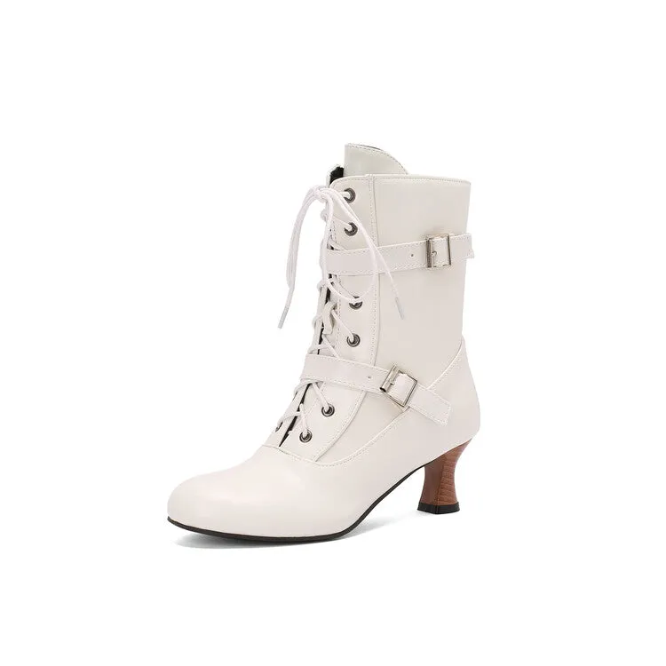 Women's Lace-up Buckle Belt Round Toe Hoof Heel Ankle Boots