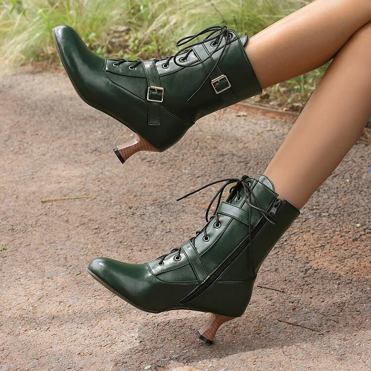 Women's Lace-up Buckle Belt Round Toe Hoof Heel Ankle Boots