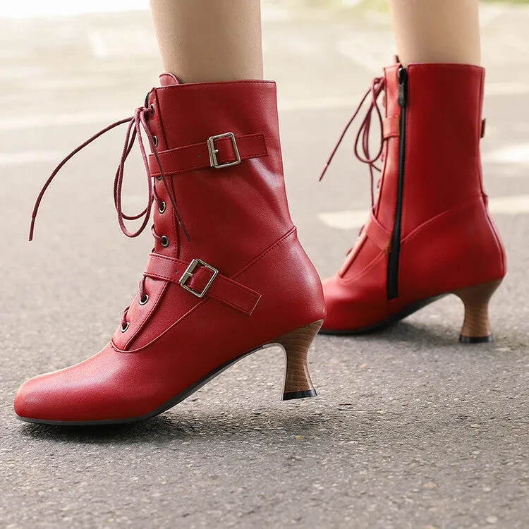 Women's Lace-up Buckle Belt Round Toe Hoof Heel Ankle Boots