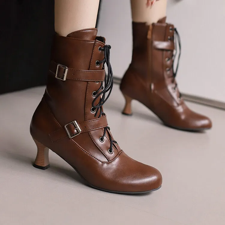 Women's Lace-up Buckle Belt Round Toe Hoof Heel Ankle Boots