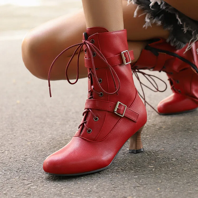 Women's Lace-up Buckle Belt Round Toe Hoof Heel Ankle Boots