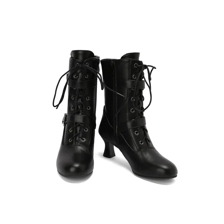 Women's Lace-up Buckle Belt Round Toe Hoof Heel Ankle Boots