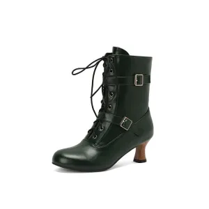 Women's Lace-up Buckle Belt Round Toe Hoof Heel Ankle Boots