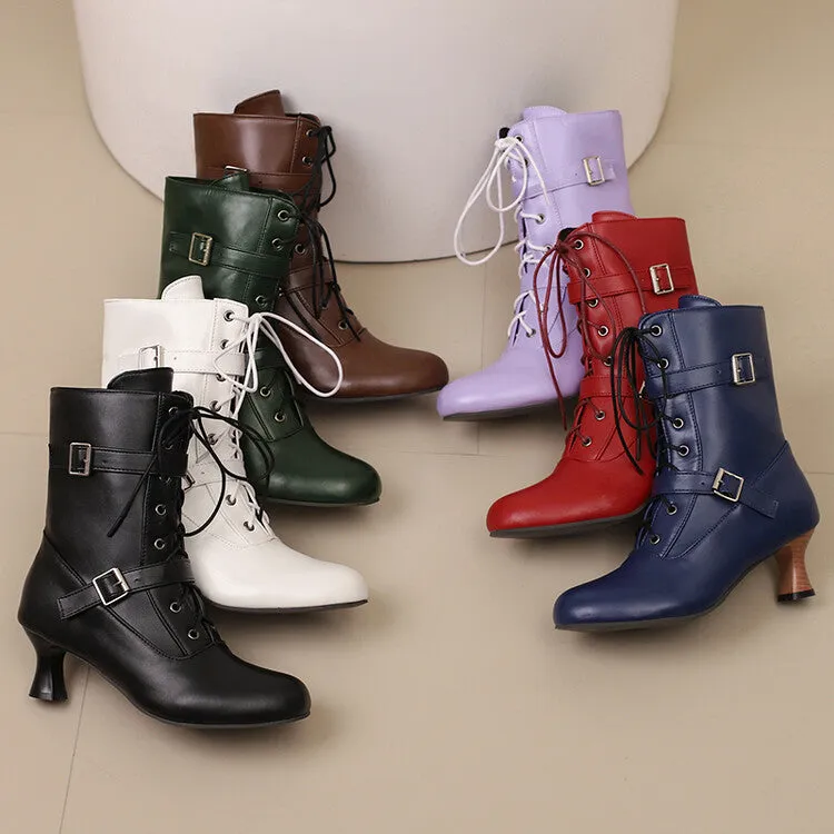 Women's Lace-up Buckle Belt Round Toe Hoof Heel Ankle Boots